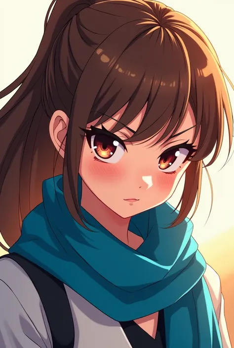 Anime girl, brown hair, ponytail, blue scarf, angry