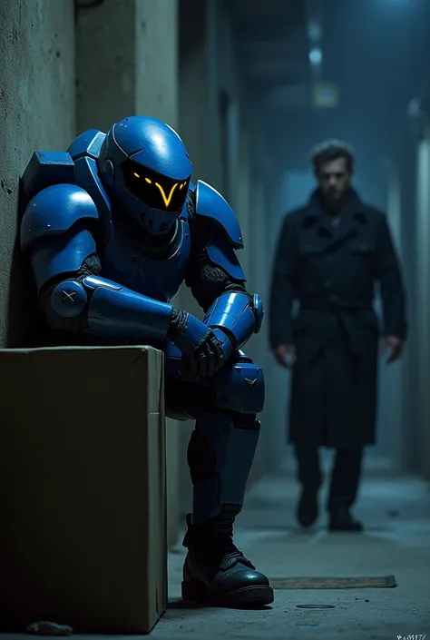 I want a soldier with blue armor that is durable, on the helmet that has a black visor that looks like a kind of wide diamond where only the lights of its two yellow eyes will be seen, I want you to draw him hiding behind a box while he watches someone in ...