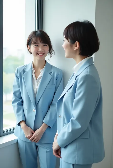 Highest quality, masterpiece, Ultra-high resolution, Japan 2 women, Conversation with a smile,ひとりはshort hair,One has long hair, Fine grain, short hair,Light blue suit, White shirt,The face is tilted,Casual pants, Beautiful Face, bangs, girl, Age 25, White ...