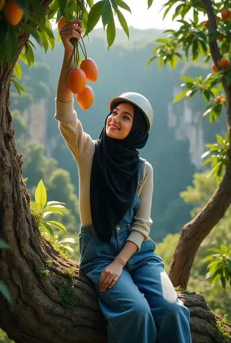 A beautiful woman in a long black hijab wearing a jeans overall dress, sitting on the top of the tree, face facing the camera smiling, wear a helmet,holding many mangoes lifted up, the view of the cliff is gripping all around