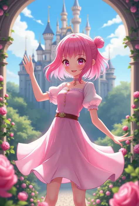 create an genshin style girl with pink hair that’s also wearing a pink dress that’s waving with a cute smile with castle and flowers background