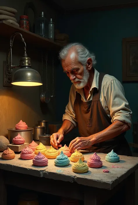 masterpiece, realist, high contrast, black dark background, elderly mexican man, making mexican sweets, like colored meringue,a humble workshop, light source a warm lamp,Antigua, Black background, high contrast, Caravaggio, visual impact, Baroque, Abraham ...