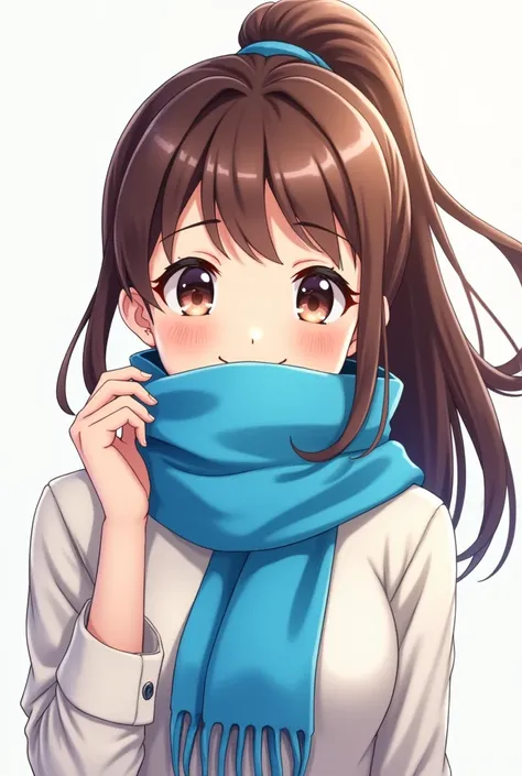 Anime girl, brown hair, ponytail, blue scarf, Mouth covered by scarf, happy