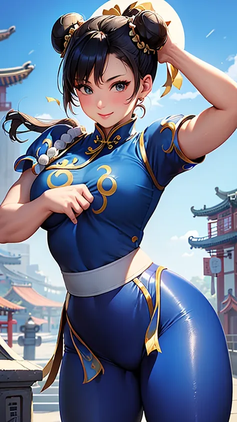 ((chun-li,ponytail,blue leggings:1.3)),upper body, looking at the audience,slim and sexy figure, the best quality, (8k), (4k),(m...