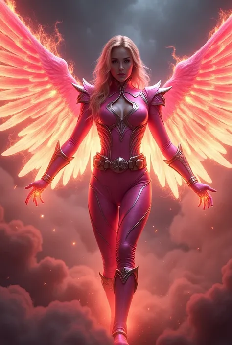 Photo of female pink Power Rangers with glowing fire wings and smoke behind 