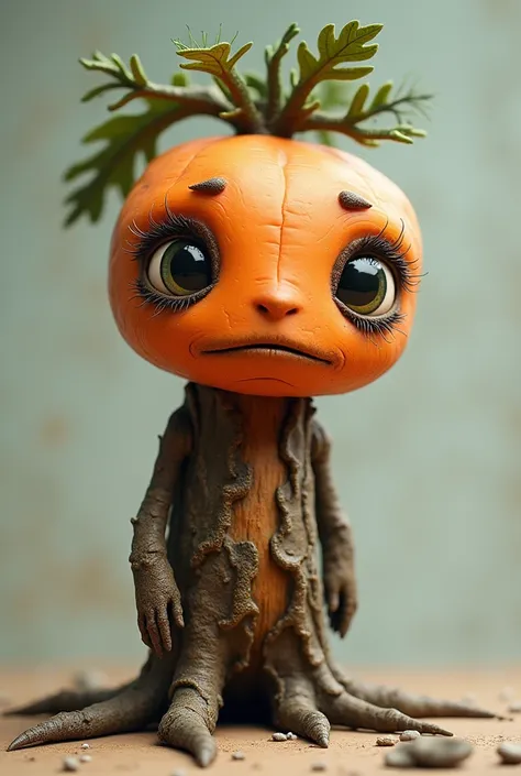 Arttoy with a carrot head, a tree body, big eyes, thick eyebrows, cute and sad.

