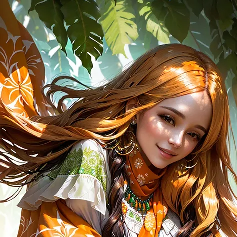 Solar, Open, green leafy background, Woman with long hair, in a white and orange patterned scarf and a white blouse, necklace with multi-colored beads, hugging a person, natural light from above, relaxed and cheerful atmosphere.