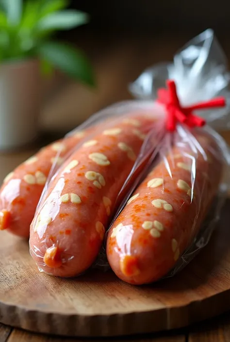 Picture of a sausage wrapped in plastic and tied with a red rubber band. Inside are mushroom sausage and bamboo shoot sausage on the table. The main ingredients are oyster mushroom and bamboo shoot as ingredients in the picture. Request a picture like a ph...