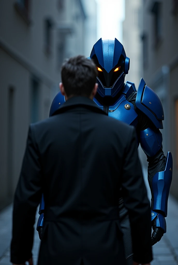 I want a soldier with blue armor that is durable, on the helmet that has a black visor that looks like a kind of wide diamond where only the lights of its two yellow eyes will be seen, He is approaching a man in a black trench coat from behind in an alley,...