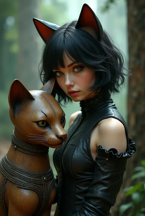 cute woman, short hair dark in a intricate details insanely leather cat costume next to a intricate details insanely artwork Wooden painted statue of a cat in a magic forest with trees in the background, Amanda Sage, gothic art, fantasy style, a wood sculp...