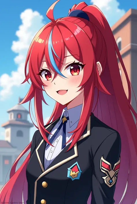 Anime teen, Sumeru Academia uniform, red straight long hair tied in a high ponytail, one light blue lock on his hair, pale skin, red dark eyes, smile, genshin Impact young adult boy