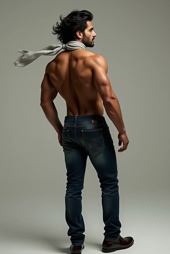 Elegant man, blackquality hair, formal clothing and scarf around the neck, casual style, handsome, extremely attractive man, libero, fortunate, independent, muscular body, Full body, jeans , Big butt, backside 