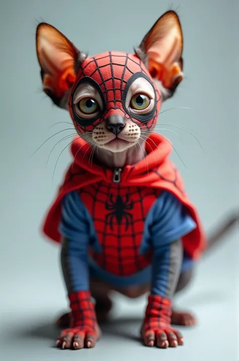 Male sphinx kitten dressed as spiderman 