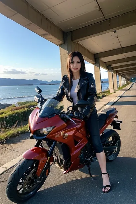 ((highest quality)), ((masterpiece)), (detailed), one girl, sexy,bangs、straight hair、short hair、motorcycle、straddle、while drivin...