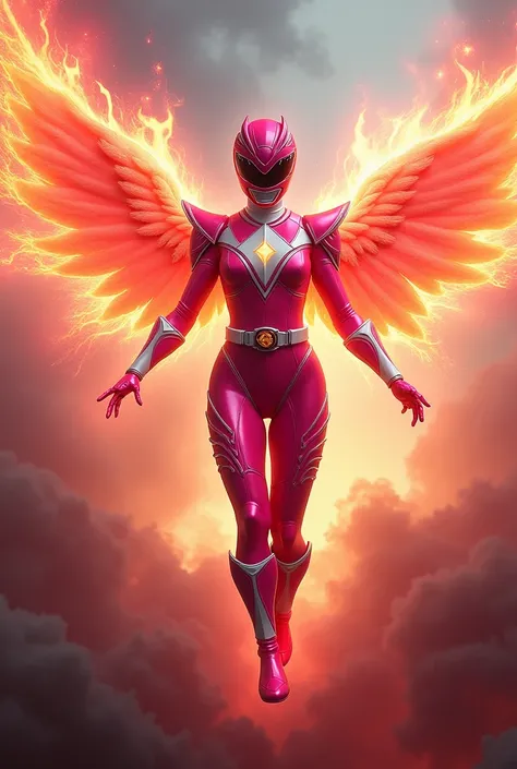 Female Pink Power Rangers with glowing fire wings and smoke behind with helmet 