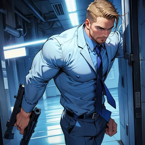 1 man, male focus solo,45 yo man,Stephen AMELL as private investigator,  lean muscle, blue shirt, marine blue businessman suit ,( tie) ,( big bulge), full body shot, dark blond short hair, well groomed facial hair, holding a gun with one hand, , ultra high...