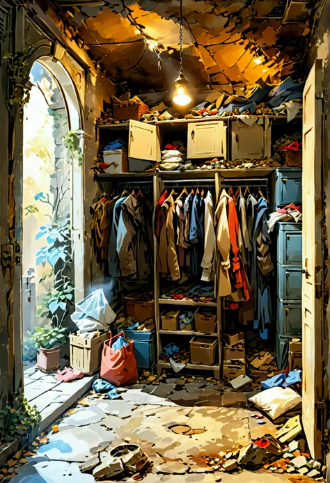 Comic style，classical, villa,storehouse，Utility Room，Dim light，Heaped with debris，Full of goods，Contains a wardrobe