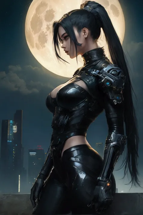 A beautiful female warrior with cutting-edge cyberpunk functional beauty, a masterpiece that makes full use of famous painting techniques, a full moon, a collaboration between lush nature and a modern city, awareness of the difference in beautiful form, a ...