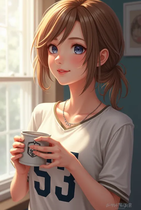 Yuna de Final Fantasy X avec un haut ecrit 53 tenant une petite tasse de café, sourire 