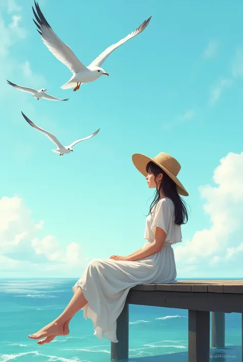 A woman sitting on a Landing pier, a straw hat, a summer dress, bare feet, blue summer sky, seagulls, sea breeze, white waves, 