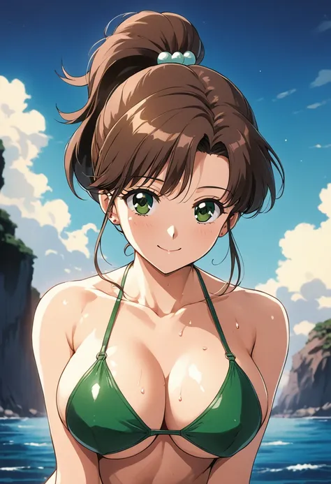 masterpiece, Highest quality, High resolution, (Makoto Kino),20 years old, adult lady, (tall:1.2), fashion model body shape, 1990s (style),height: 175cm, Small face,Green swimsuit、green thong swimsuit,(E-cup beautiful big breasts)、Sweating all over the bod...