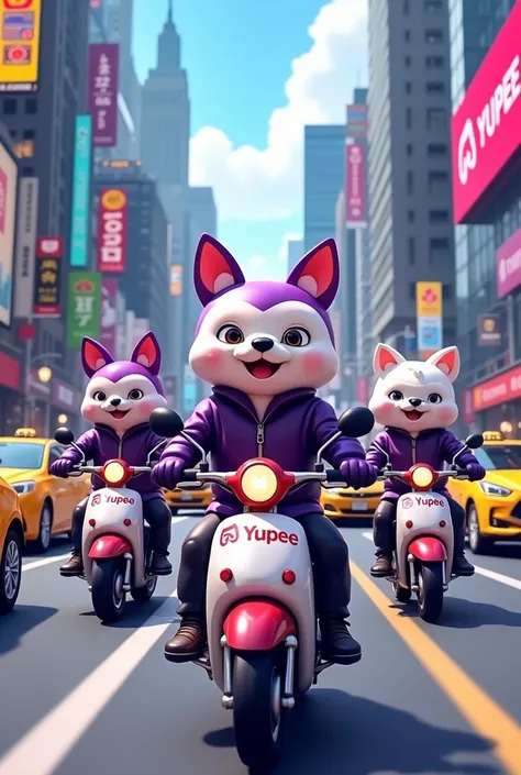 Create a wide image where the entire city can be seen and several mascots driving several motorcycles and the motorcycles have the YUPEE emblem in art toy style that is the reference for a vehicle and motorcycle taxi transfer app called YUPEE WHERE the mas...