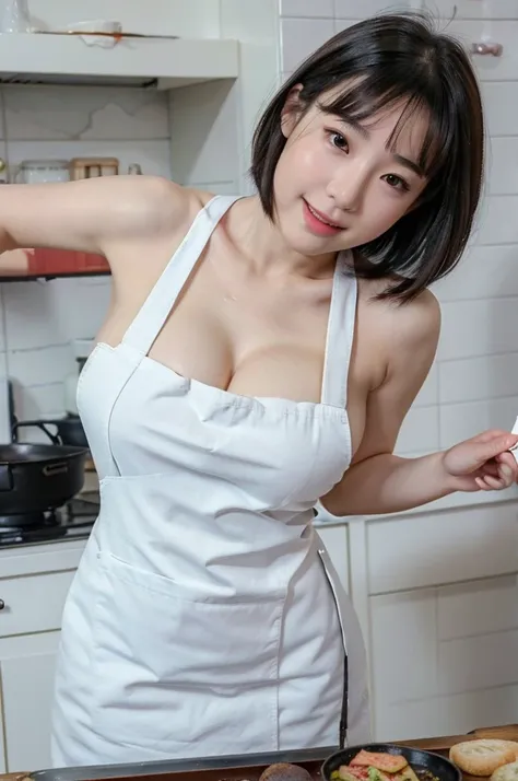 best quality, 8k, very delicate and beautiful, highly detailed face and skin texture, shiny skin, high resolution, big tits short hair korean girl wearing white apron smile and cooking in kitchen, sharp focus
