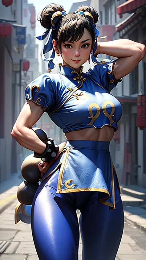 ((chun-li,ponytail,blue leggings:1.3)),upper body, looking at the audience,slim and sexy figure, the best quality, (8k), (4k),(m...