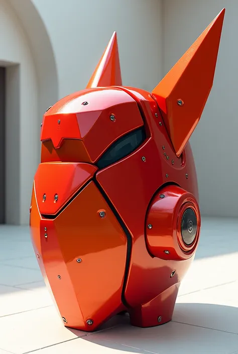 Give me perspective views of a futuristic red and orange pot with a button and a horn 