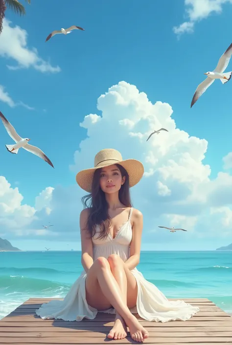 A woman sitting on a pier, a straw hat, a summer dress, bare feet, blue summer sky, seagulls, sea breeze, white waves, 