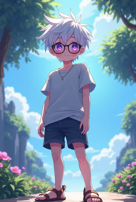  boy baron, White hair, Pale skin, bright violet eyes, with glasses, with shorts and sports shirt, sandals, anime style 