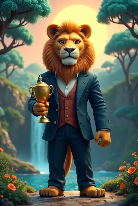 upright humanoid lion dressed in formal suit, with a trophy in hand, rise sun, waterfall, blue trees, green sky, 3D style, cute, Realist, HD,