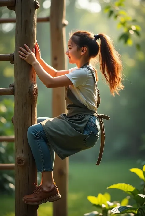 Woman climbing and hanging from a climbing pole, brown hair, ponytail　Childminder　apron　Green Garden