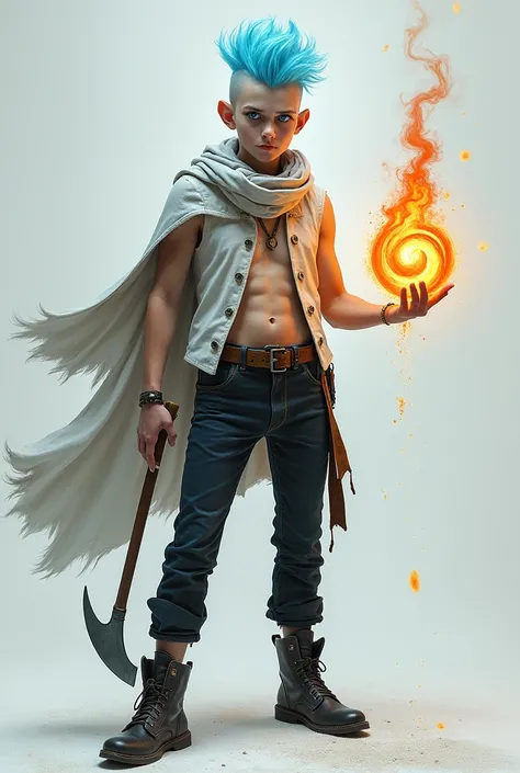 Create a painting of a male teenager with a light blue mohawk, your eyes are black and your pupils are blue, a sickle made of powdered salt in one hand, and in the other a magical fireball, he wears a small open vest and no shirt underneath, a tight pants,...