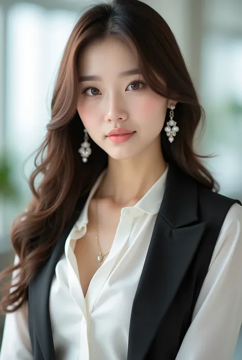 cute, brown hair, active, healthy, black business wear, make up, sexy, earring, necklace, wave hair, long eye brow, slim body, glamorous, korean, white blouse,  Double Eyelid, big eye, round face, round chin, volume face,  blight face, ID picture