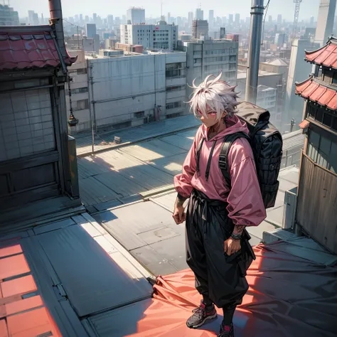 1male, young adult, dark skin, finely detailed pink eyes, wild medium hair, grey hair color, baggy hoodie, baggy combat pants, standing on building, day time, tokyo city, calm expression, muscular, tattoos, standing on rooftop, hiker backpack, ninja shoes