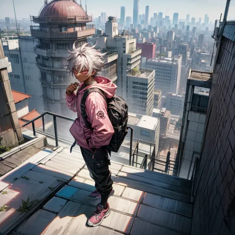 1male, young adult, dark skin, finely detailed pink eyes, wild medium hair, grey hair color, baggy hoodie, baggy combat pants, standing on building, day time, tokyo city, calm expression, muscular, tattoos, standing on rooftop, hiker backpack, ninja shoes