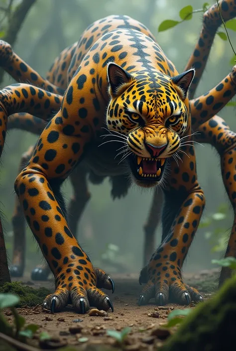 The hybrid of the spider and jaguar is an agile, fearsome predator, combining the speed and strength of a jaguar with the deadly precision and web-spinning abilities of a spider. Its sleek body is covered in jaguar spots, but with multiple legs and silk-sp...