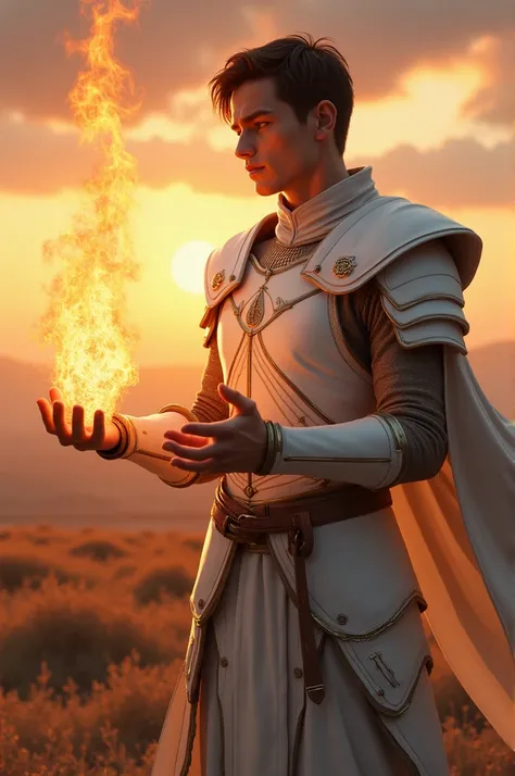 Young man using the power of fire with a sad look But it would be at the time wearing white armor seeing his horizon 