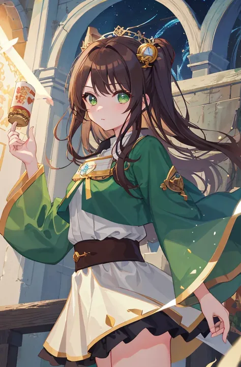 masterpiece quality，Highest Quality Assurance。brown hair、cute girl with green eyes。Tsundere，Wearing mage fantasy costume，exude magical power，fantasy clothes，Naughty，adorable，during the day，white castle tower，Sacred,upper body,