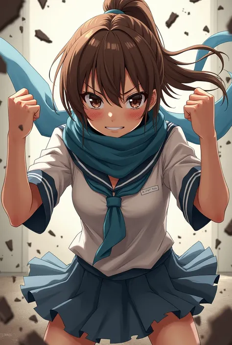 Anime girl, brown hair, ponytail, blue scarf, Mouth covered by scarf, bruised up, in schoolgirl outfit, clothes torn, ready to fight, fists up