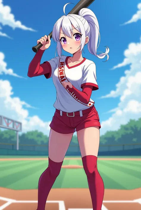 HD、Animation style、white hair 、Purple Eyes、girl、High school student 、single ponytail、Baseball player、Light color short sleeve top、Long sleeve red underwear、plump breasts、Good shape、Thin、sash、Sky、cloud、sunny、Baseball field、baseball hitter