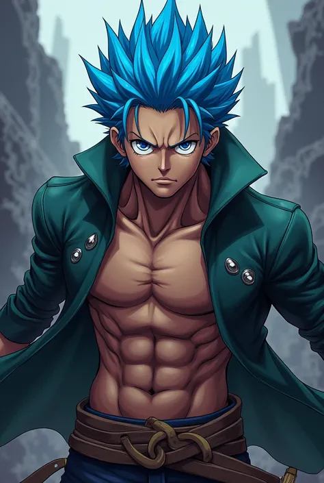 Creat a blue haird one piece anime  Zoro 
 charector with additude 
