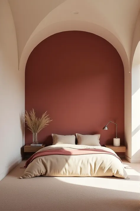 A room having a big maroon wall, the other 3 walls are of creampie colour. There are 3 beams of coral beach colour. And the ceiling is of white colour.