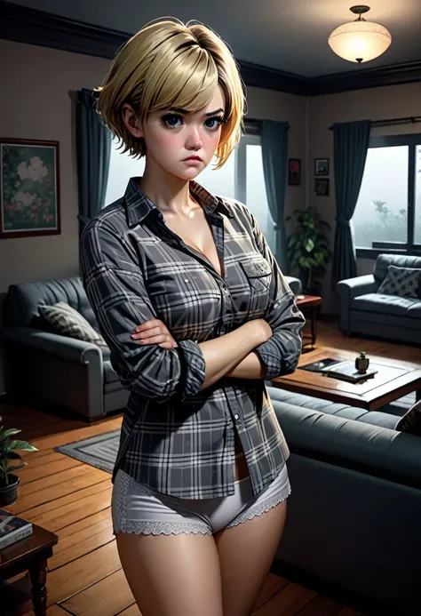 illustration, detailed illustration, ultra detailed, 30 year old woman, short hair, pixie hairstyle, blonde hair, gray eyes, plaid shirt, panties, arms folded, medium breasts, angry, scowl, living room, cleavage, hurricane outside, shadowy interior, dark i...