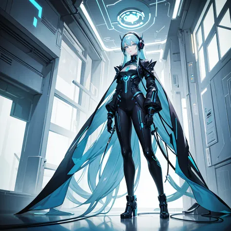 Long pale blue hair with a futuristic headset, wearing an elegant, Dark outfit with intricate technological patterns and bright accents, standing, alone in front of a backdrop of illuminated futuristic elements. 