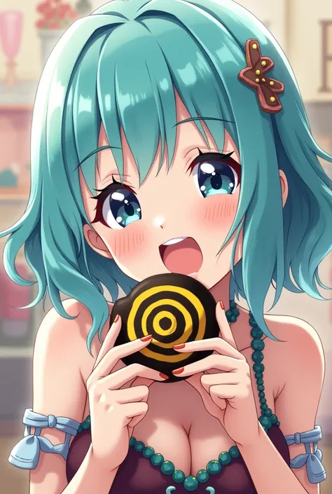 Anime girl with turquoise blue hair eating a black and yellow spiral shaped cookie Winking and very happy in a dress 