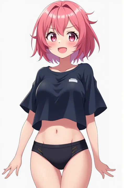 Messy pink hair girl white pastel pink eyes thick lips Navy blue wide black shirt with black shorts and panties big breasts perfect waist flat stomach perfect lips short height anime with bangs with powers naughty funny mischievous smile and happy thin 

