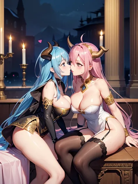 ((2girl),(yuri,lesbian),(mature female,milf)),(kiss,nipple-to-nipple,(Stare deeply into each others eyes)), (masterpiece,best quality,high-resolution,detailed fingers,detailed hands,detailed eyes,detailed legs:1.5), (Detailed fantasy illustrations), ( (Bla...