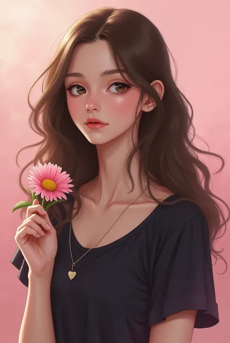 The image is a realistic portrait of a young woman with long, wavy brown hair. She is wearing a black top and a necklace with a heart pendant. The woman is holding a pink daisy flower in her right hand and is looking off to the side with a peaceful express...